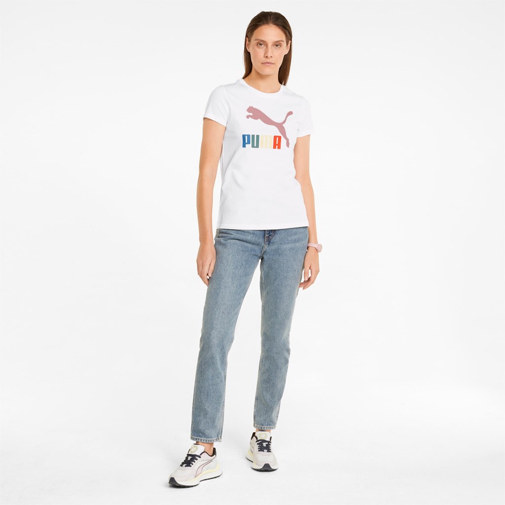 Puma Classics Logo Interest Løbe T-shirt Dame Hvide | 390675NWF