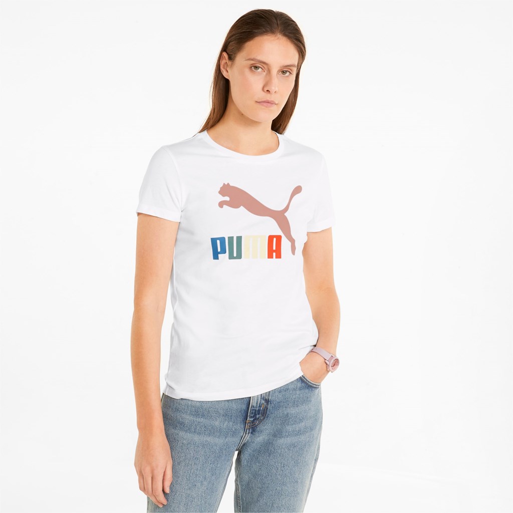 Puma Classics Logo Interest Løbe T-shirt Dame Hvide | 390675NWF