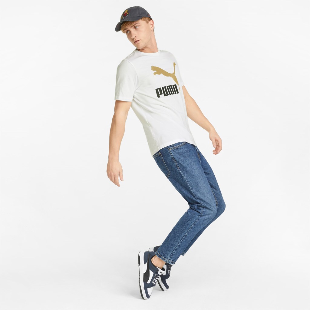 Puma Classics Logo Metallic Løbe T-shirt Herre Hvide Guld | 481370IYS