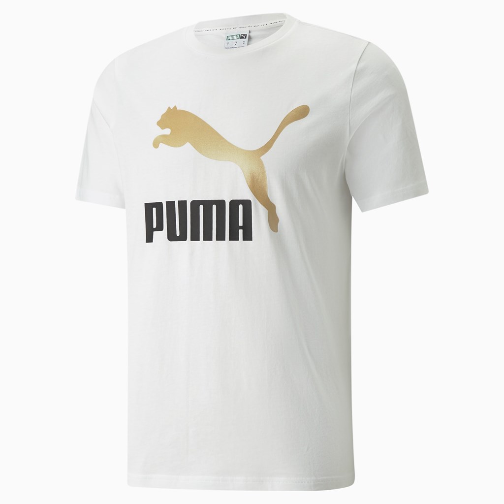 Puma Classics Logo Metallic Løbe T-shirt Herre Hvide Guld | 481370IYS