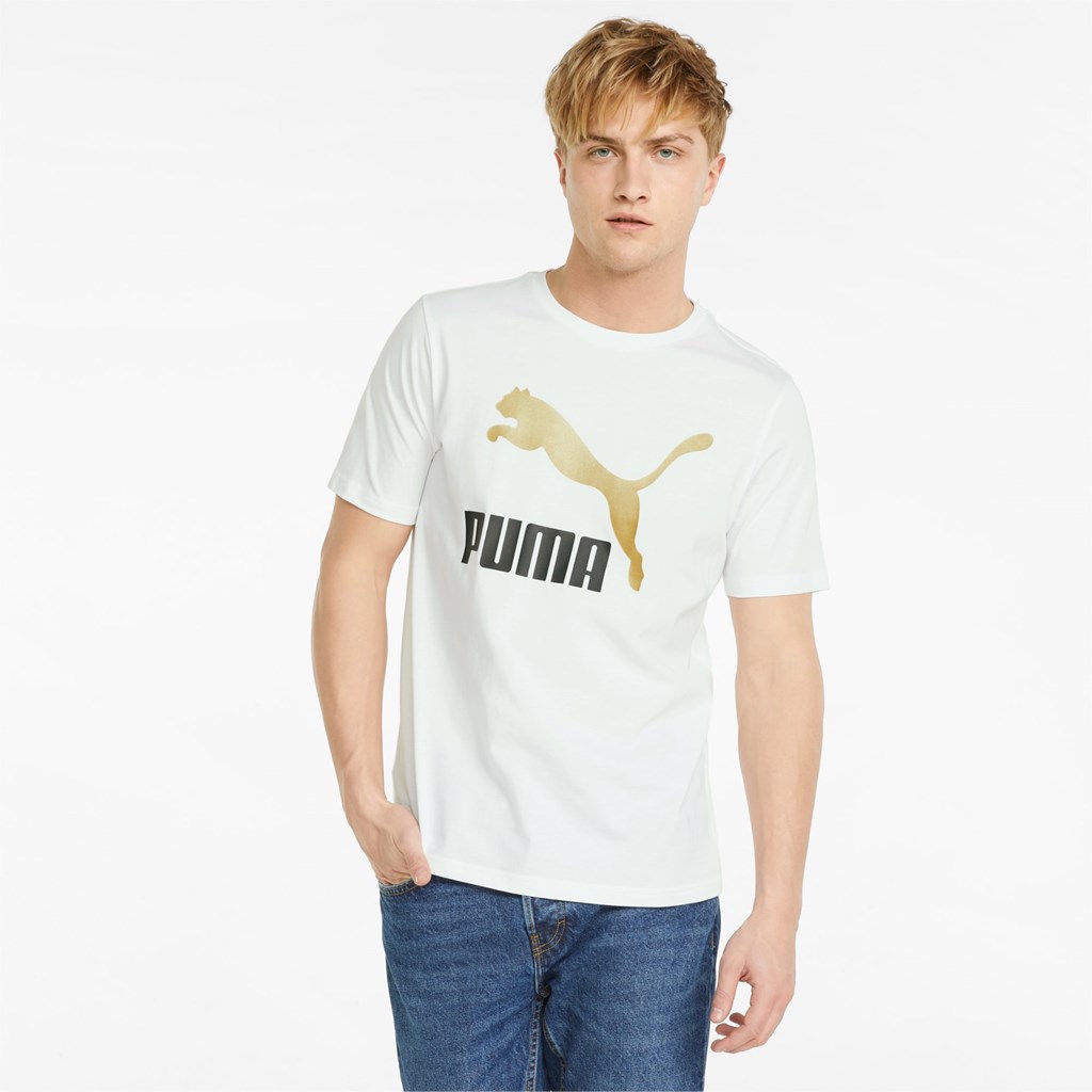 Puma Classics Logo Metallic Løbe T-shirt Herre Hvide Guld | 481370IYS