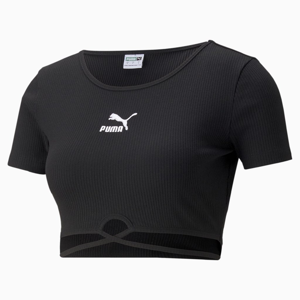 Puma Classics Ribbed Løbe T-shirt Dame Sort | 742613MLK