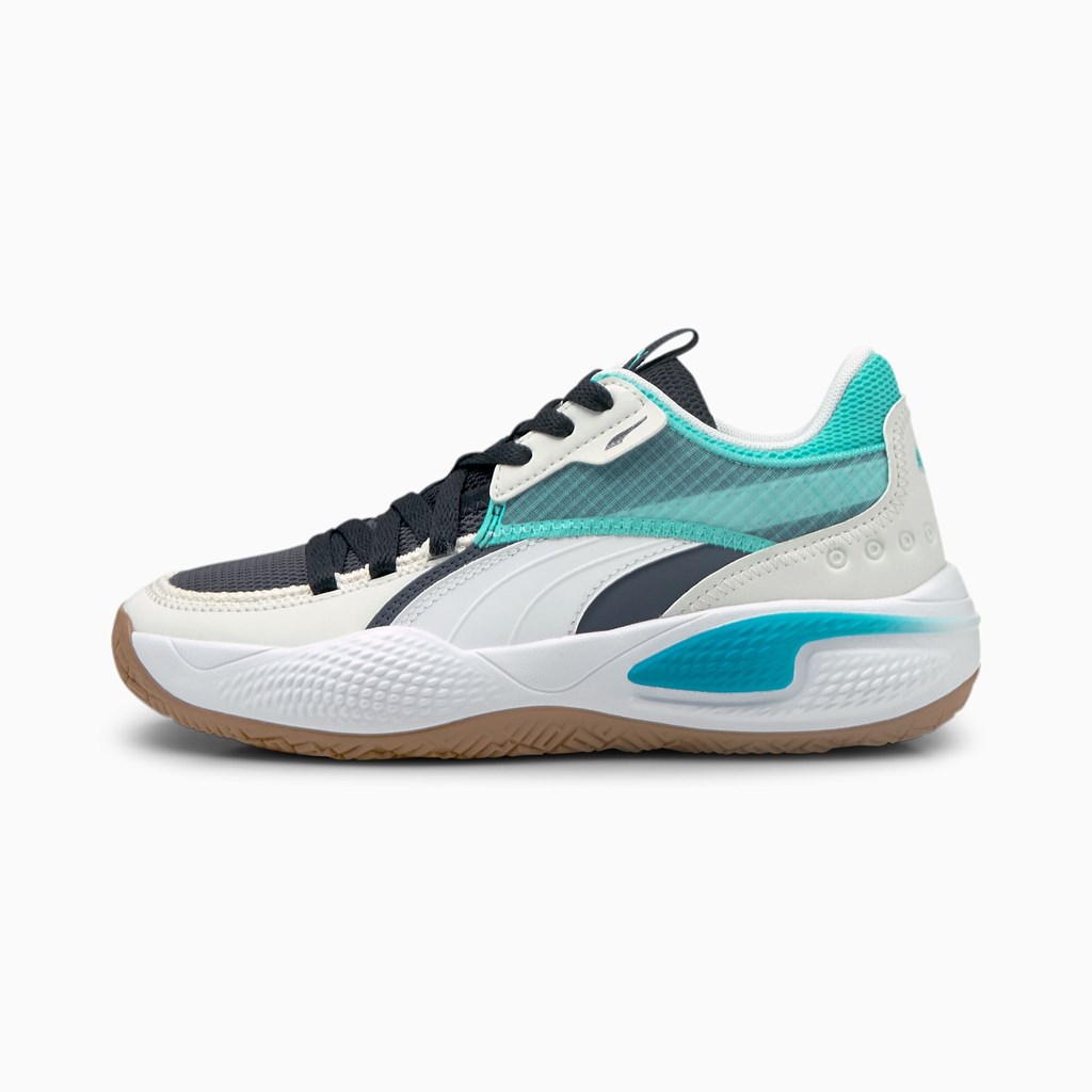 Puma Court Rider Summer Days JR Basketball Sko Drenge Ebony / Elektro Aqua | 285974CLW