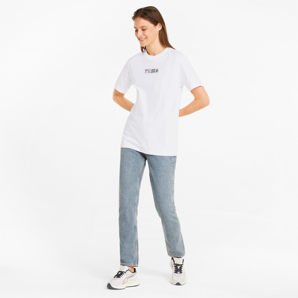 Puma Downtown Relaxed Graphic Løbe T-shirt Dame Hvide | 219463RUS