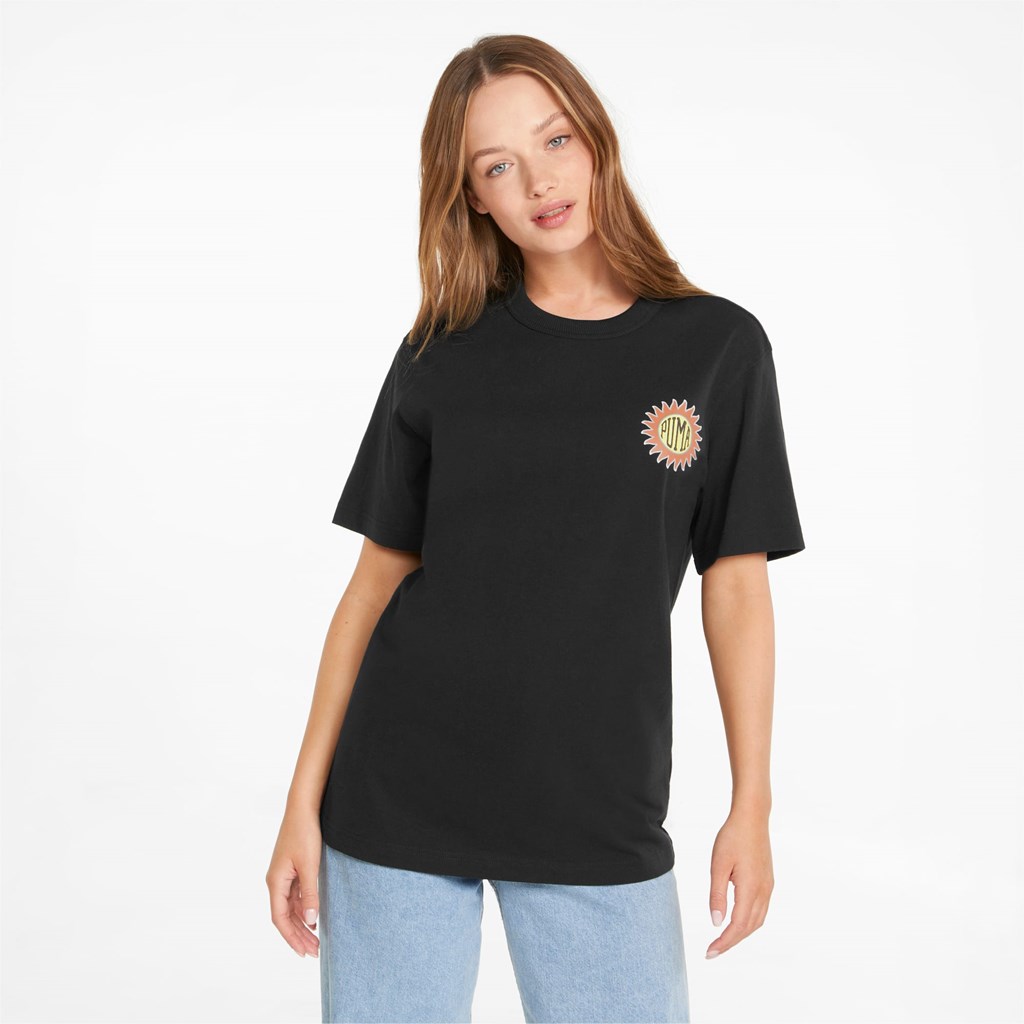 Puma Downtown Relaxed Graphic Løbe T-shirt Dame Sort | 752346ZFL