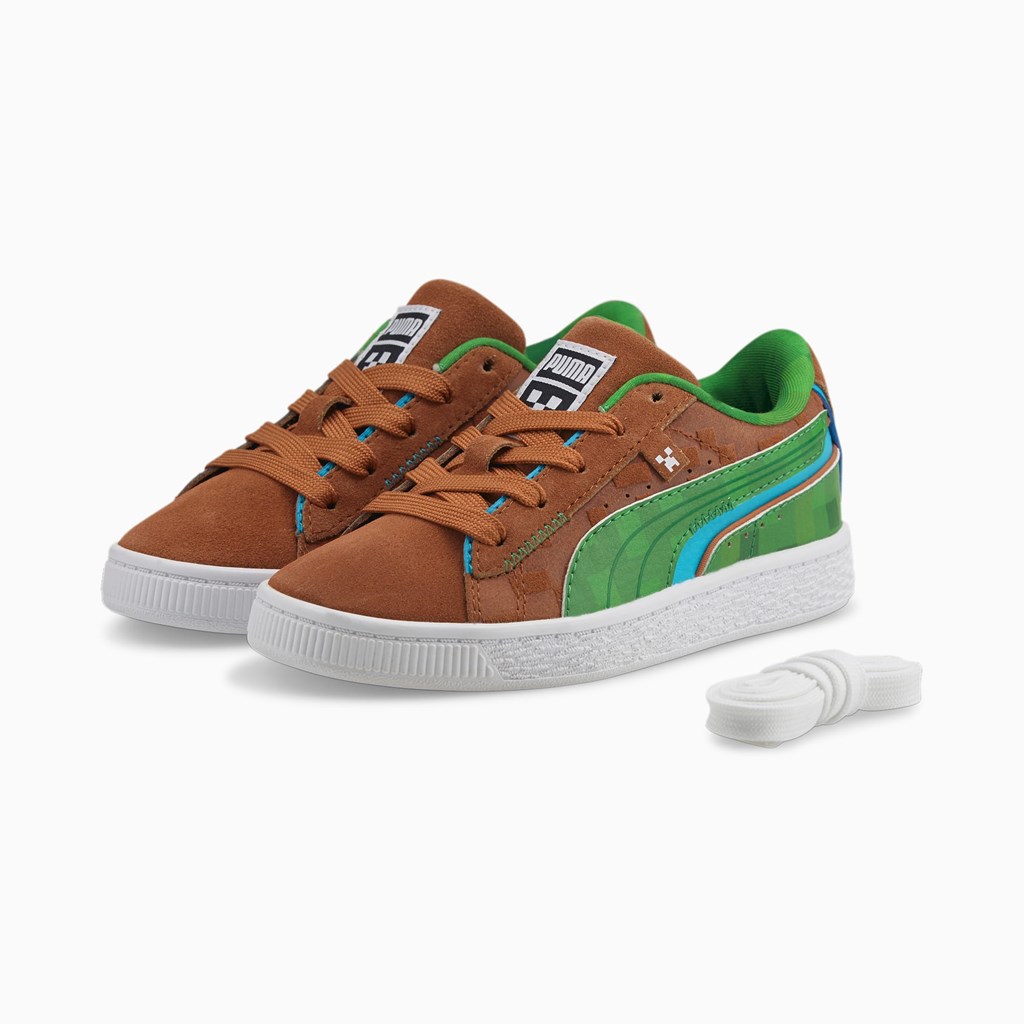 Puma PUMA x MINECRAFT Suede Little Sneakers Drenge Brune Grøn | 961248FCR