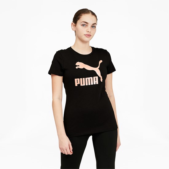 Puma Classics Logo Løbe T-shirt Dame Sort Lyserød Guld | 174293CWM