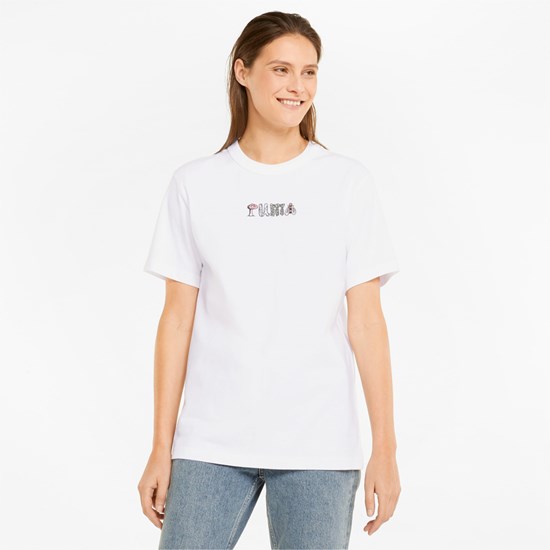 Puma Downtown Relaxed Graphic Løbe T-shirt Dame Hvide | 219463RUS